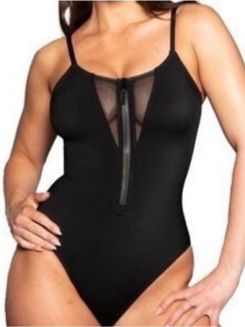 Ta3 TA3025 Medium Short Black HI CUT ZIPPY Zip-Front Mesh Inset SWIM SUIT NEW